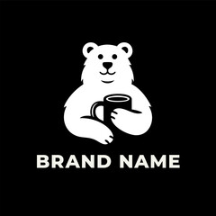 Minimalist Polar Bear Logo with Coffee Cup in Flat White Style