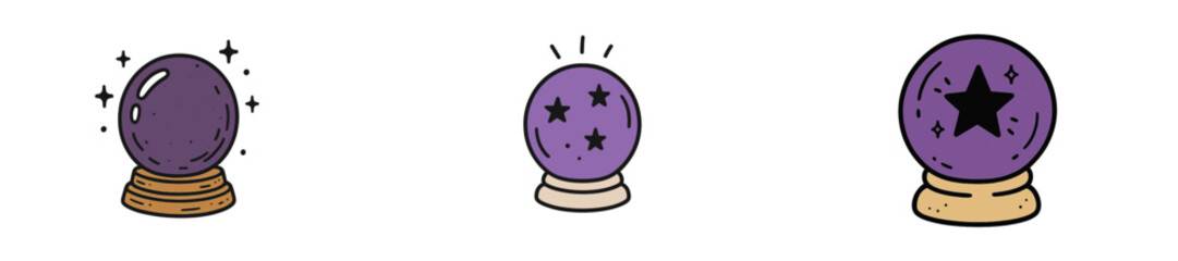 Mystical crystal balls with purple hues and star motifs sitting on wooden bases in a mystical theme