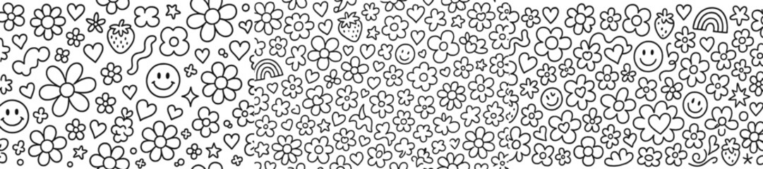 Fototapeta premium Colorful pattern of playful doodles featuring flowers, smiles, and hearts on a white background in a whimsical style