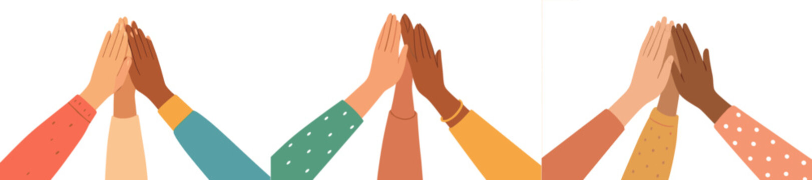 Diverse hands coming together in unity and celebration during a joyful gathering