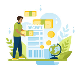A cash receipt is a confirmation of payment. Storing payment data for all transactions. Careful and economical attitude to money and expenses. Economy. Flat vector illustration in cartoon style