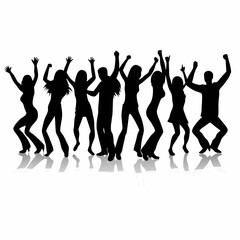 Black vector silhouettes of dancing people illustrate a fun party group