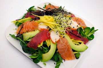Asian seafood salad. Tuna, salmon, shrimp, avocado and salad.