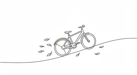 Bike Riding on Hill with Falling Leaves Minimalist Line Art