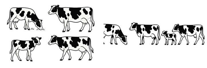 Fototapeta premium Black and white cows grazing in a green pasture during a sunny afternoon on a farm