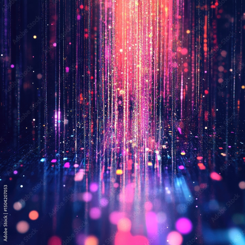 Poster abstract digital rain with neon symbols cascading vertically