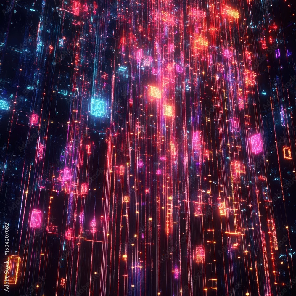 Poster abstract digital rain with neon symbols cascading vertically