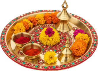 Festive Indian Pooja Thali with Flowers Brass Bells and Vermilion Powder
