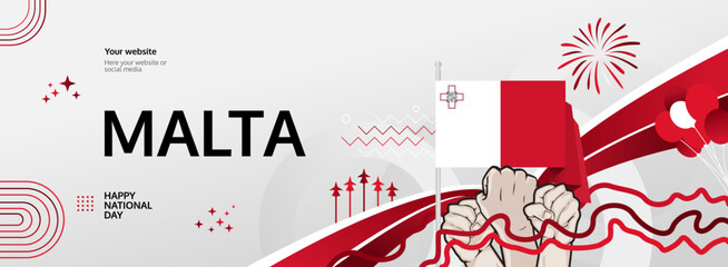 Malta Independence Day modern greeting banner. 21 September Happy National Day. Festive horizontal templates in flag colors, great for carnival poster, tourism campaign, holiday flash sale background