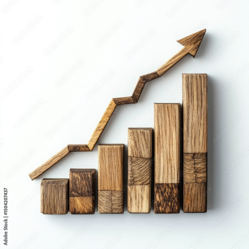 Poster arrow pointing upward over bar chart made of wood blocks on white background