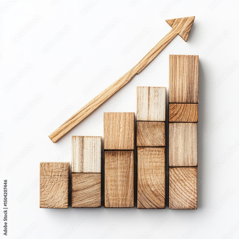 Poster arrow pointing upward over bar chart made of wood blocks on white background