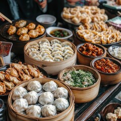 Asian street food selection including dumplings, noodles, and dipping sauces