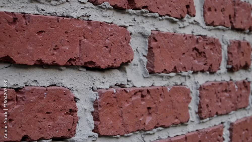 Poster close-up video of a red brick wall with a shallow depth of field. the angled shot highlights texture