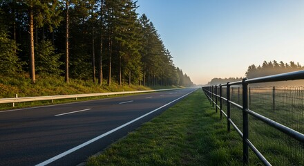 Empty road leads through forest at sunrise, fence in the background, for travel use