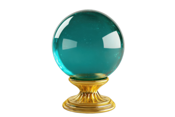 Teal crystal ball on ornate gold stand, shimmering subtly