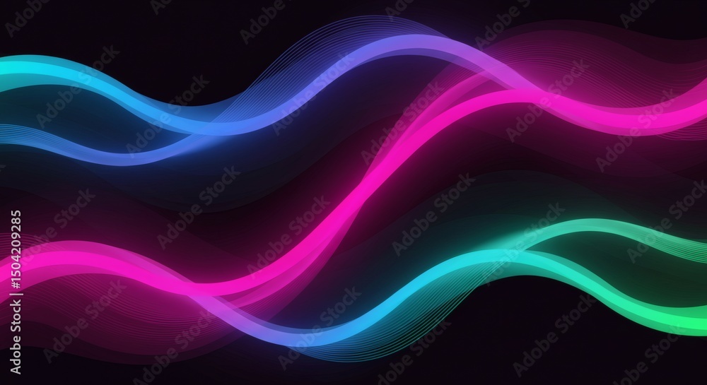 Poster abstract neon waves flowing across dark background with gradient colors