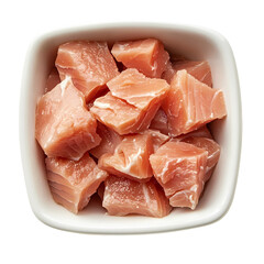 Bowl of Diced Salmon Pieces isolated on transparent background
