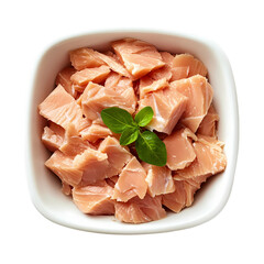 Salmon Cubes in a White Bowl isolated on transparent background