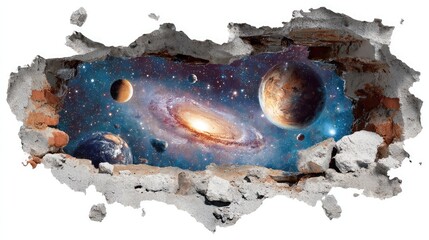A cosmic scene with planets, stars, and a glowing galaxy is revealed through a torn wall, blending outer space wonder with surreal, sci-fi inspired wall art.