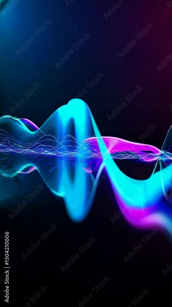 Poster abstract video concept with vibrant blue waveforms against a dark background. captured from a low an