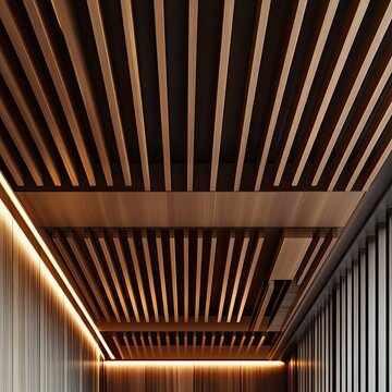 Detail of modern architecture ceiling with repeating wooden slats and integrated lighting