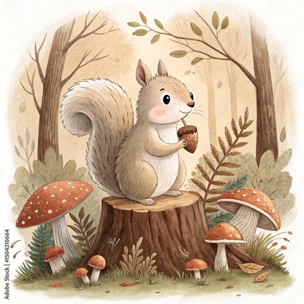 Poster a cute squirrel sitting on a tree stump holding an acorn surrounded by mushrooms in a forest scene c