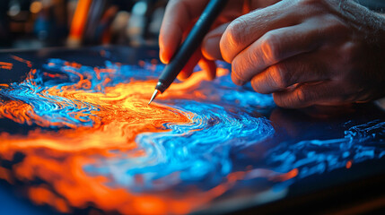 Obraz premium Close-up of hands using digital drawing tablet, creating abstract art with vibrant colors.