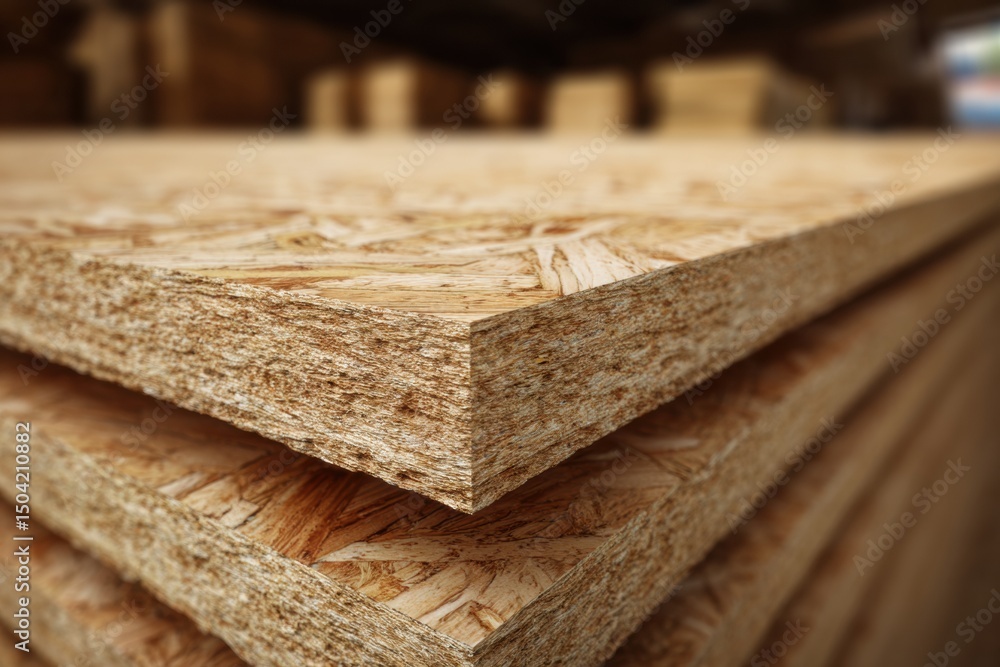 Aufkleber Stack of Oriented Strand Board Sheets Showcasing Clean Upper Surface in a Storage Area
