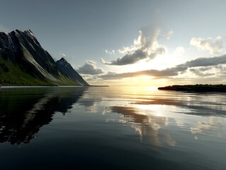 Fototapeta premium Serene sunset reflection over calm waters mountainous landscape nature photography tranquil environment wide-angle view serenity