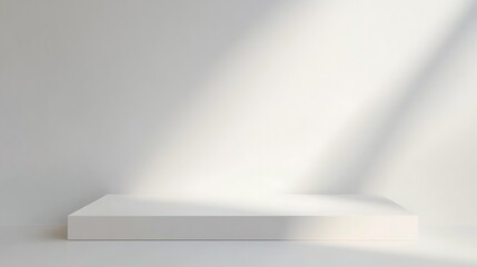 Minimalist white product display pedestal with sunlight shadow for product presentation