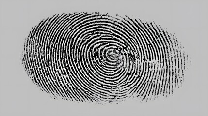 A fingerprint in black ink on a gray background.
