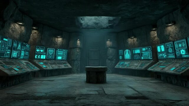 A control room filled with ancient panels glows in a hidden underground complex. The artifact-lined consoles once managed the forgotten systems of Agartha. The keyword artifact suggests this artifact 