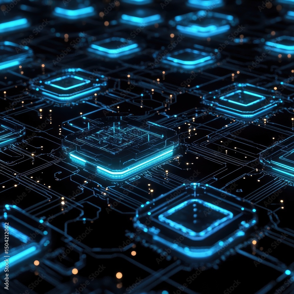 Fototapete futuristic circuit board pattern with blue glowing elements on black background