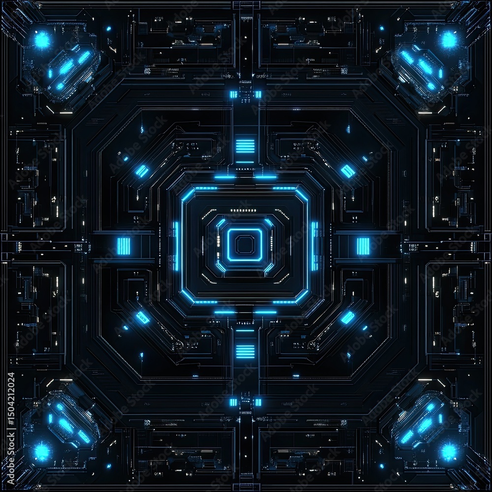 Fototapete futuristic circuit board pattern with blue glowing elements on black background