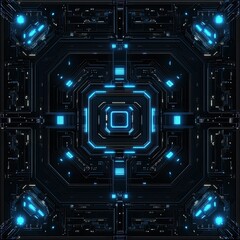 Fototapeta premium Futuristic circuit board pattern with blue glowing elements on black background