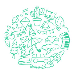  Vector illustration of Doodle cute for kid, Hand drawn set of cute doodles for decoration on white background.
