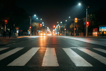 Night city street: pedestrian crossing, streetlights, car headlights, creating an atmospheric urban scene.