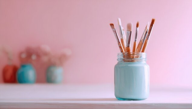 A collection of paintbrushes in a light blue mason jar