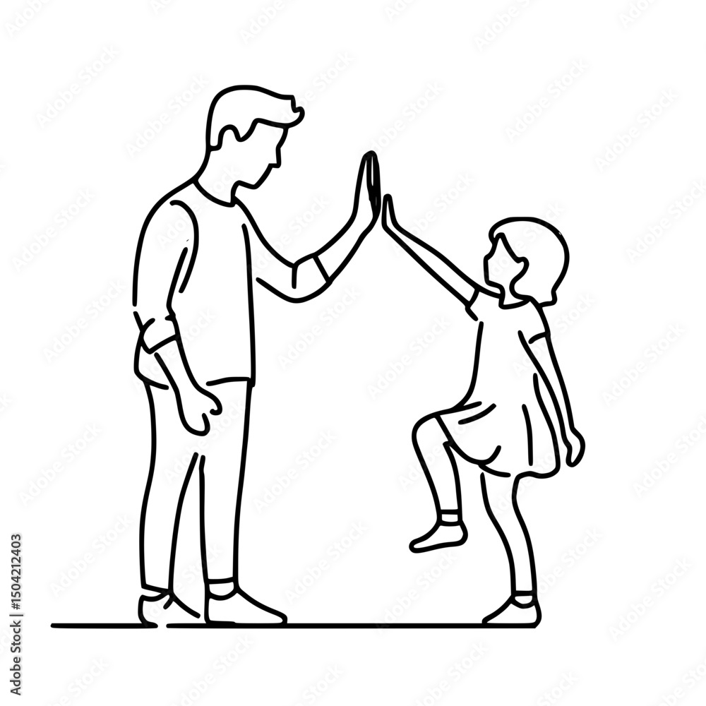 Poster man and girl high-fiving while standing on a minimalist background - concept of single line outline 