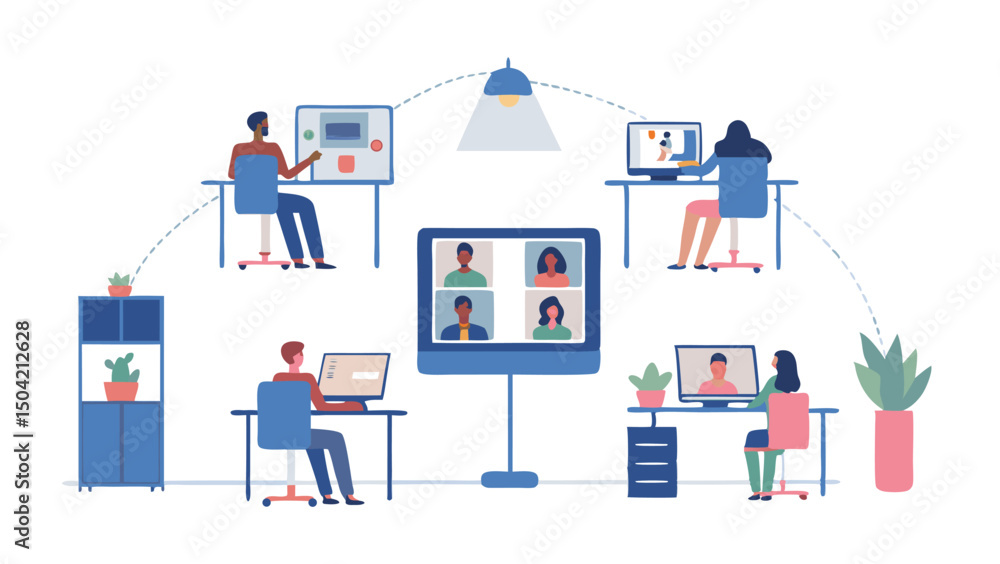 Poster illustration of people in a virtual meeting using computers and a large screen for communication onl