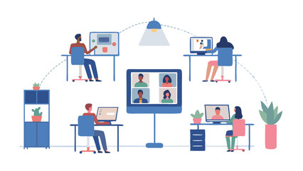Illustration of people in a virtual meeting using computers and a large screen for communication online