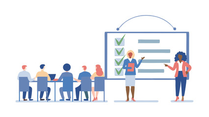 A diverse group of people attending a presentation with a checklist on a whiteboard in a bright room