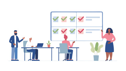 A meeting with a whiteboard showing checkmarks and people discussing business in a modern office space