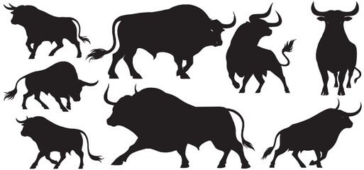 silhouettes of different bull poses set. Farm animal. Vector illustration. isolated on white background. Bull logo designs set. Vector