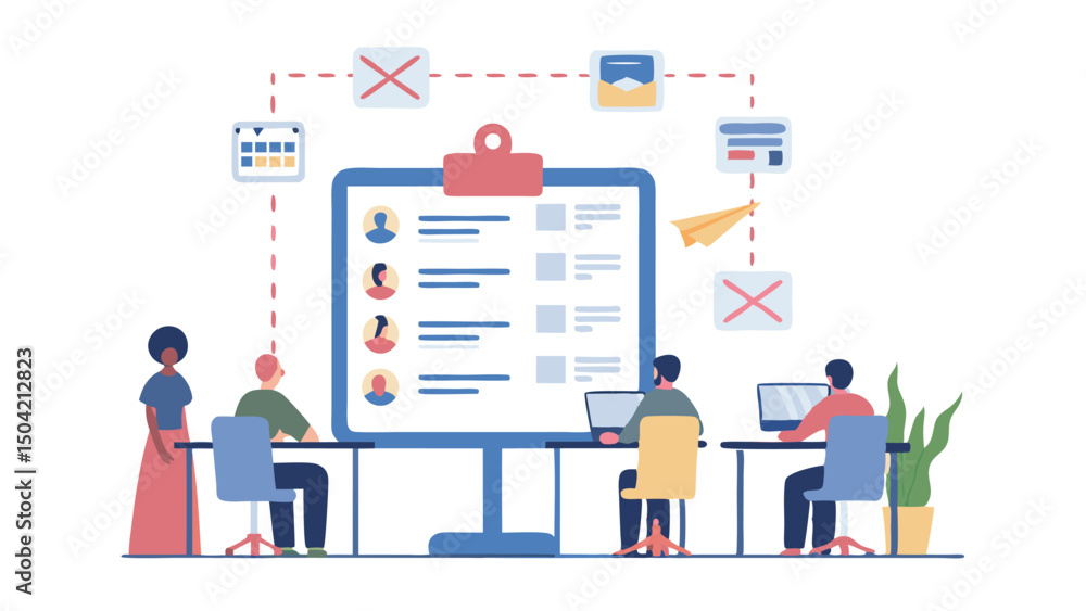 Aufkleber a group of people working at desks with a large clipboard and icons floating above them in a white s