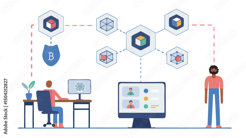Aufkleber illustration of people connected through digital network with hexagons and computer screens visible