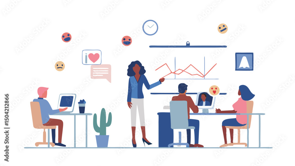 Poster a digital illustration of a diverse team working in an office with graphs and social media icons flo