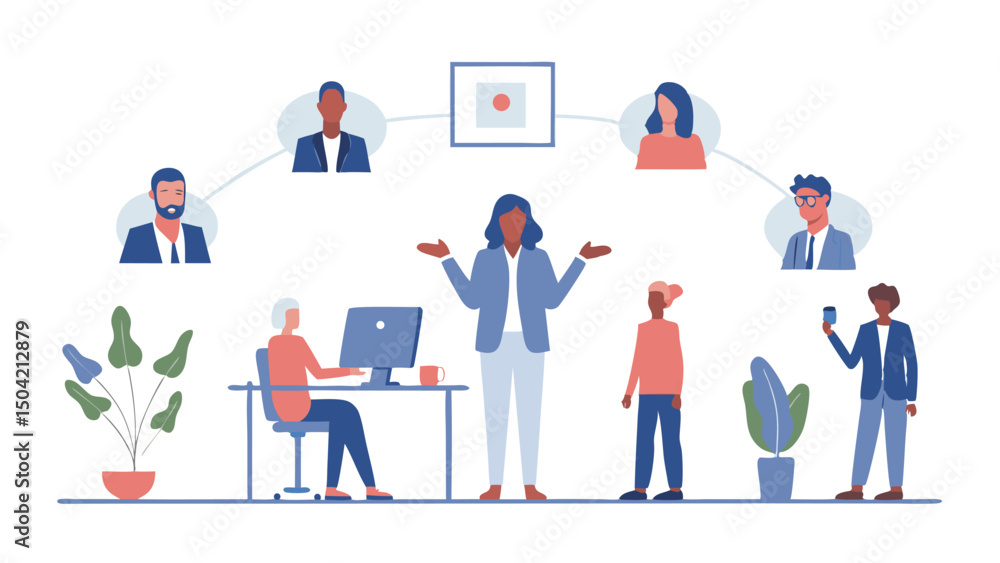 Poster a group of diverse people connected virtually with a woman standing in the center with open arms pos
