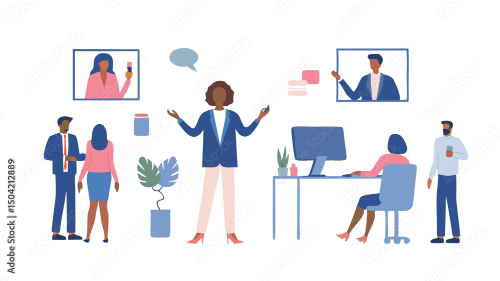 Poster illustration of a diverse team collaborating remotely and in person in a modern office setting desig
