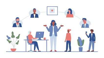 A group of diverse people connected virtually with a woman standing in the center with open arms pose